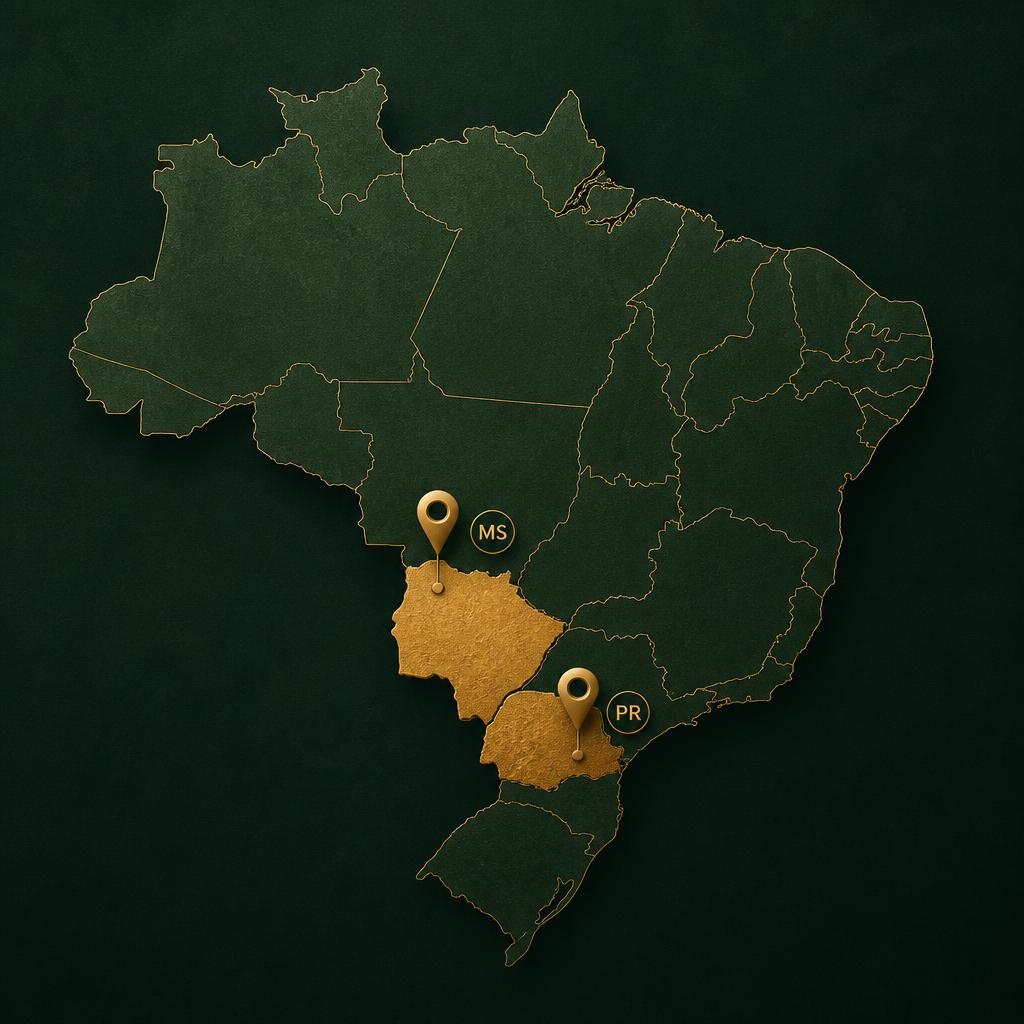 Mapa do Brasil destacando Paraná e Mato Grosso do Sul